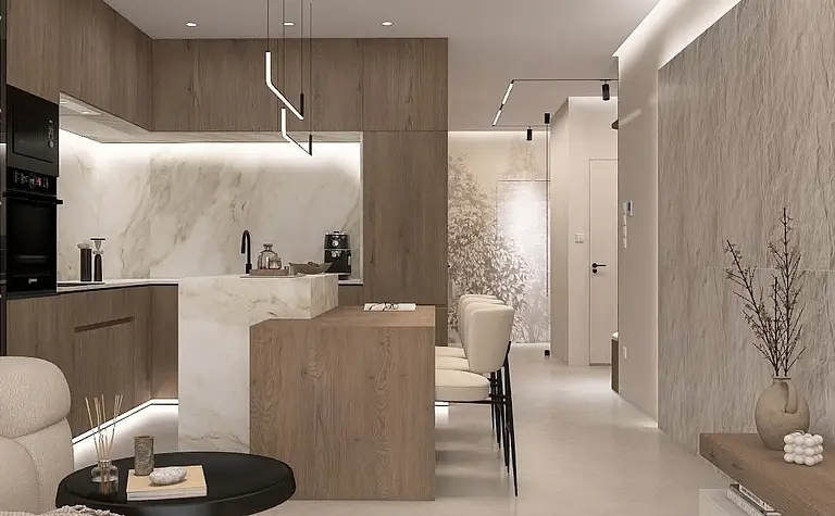 Wnętrze kuchni w stylu japandi i współczesnym z drewnianymi meblami i marmurowym wykończeniem.