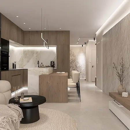 Wnętrze kuchni w stylu japandi i współczesnym z drewnianymi meblami i marmurowym wykończeniem.