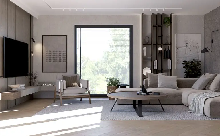 Wnętrze salonu w stylu minimalistycznym, nowoczesnym, z szarymi ścianami, drewnianymi meblami i roślinami.