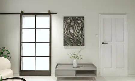 Współczesne wnętrze z oknem, szafką i rośliną