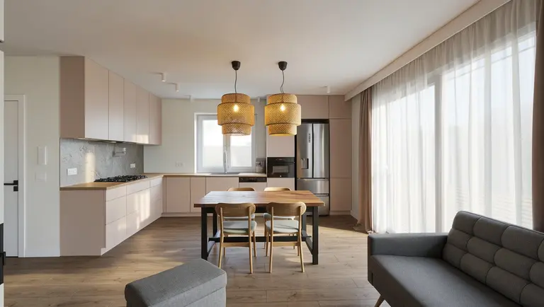 Wnętrze kuchni z minimalistycznym designem, różowe meble i drewniany stół.