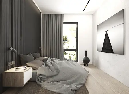 Wnętrze sypialni z szarymi zasłonami, nowoczesnym designem i minimalistycznym akcentem.