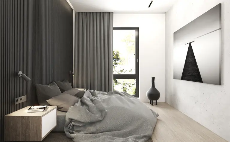 Wnętrze sypialni z szarymi zasłonami, nowoczesnym designem i minimalistycznym akcentem.