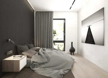 Wnętrze sypialni z szarymi zasłonami, nowoczesnym designem i minimalistycznym akcentem.