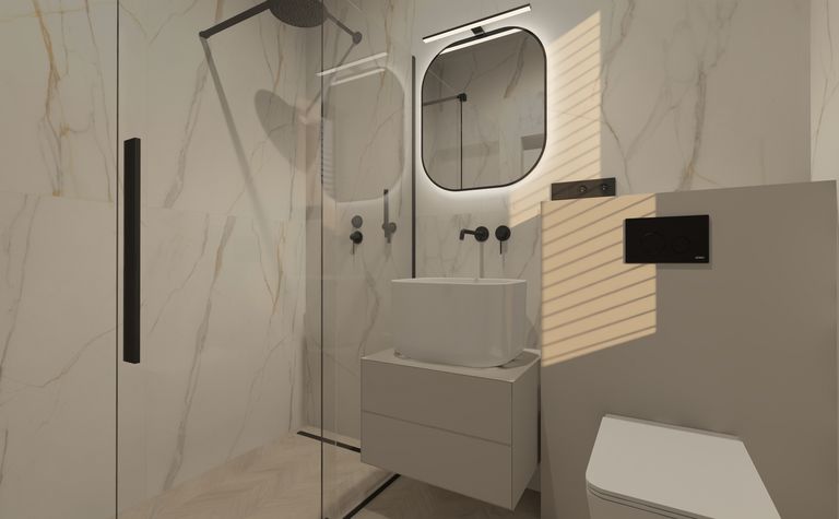 Nowoczesna łazienka z minimalistycznym designem i białą umywalką.