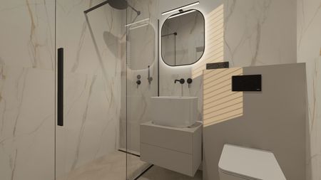 Nowoczesna łazienka z minimalistycznym designem i białą umywalką.