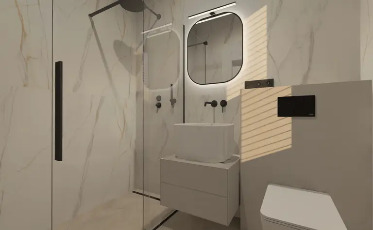Nowoczesna łazienka z minimalistycznym designem i białą umywalką.