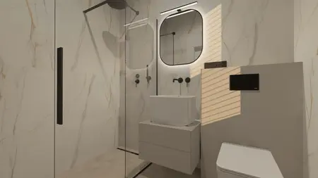 Nowoczesna łazienka z minimalistycznym designem i białą umywalką.