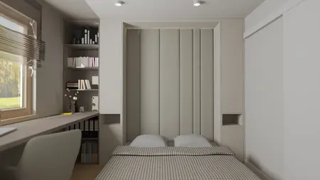 Sypialnia z minimalistycznym wystrojem i nowoczesnymi meblami