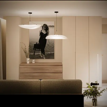 Eklektyczne wnętrze z boho akcentami, drewniana komoda, lampa, obraz na ścianie
