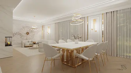 Wnętrze jadalni glamour z białym stołem i złotymi detalami