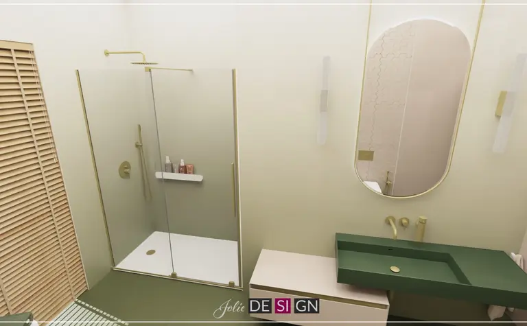 Nowoczesna łazienka z prysznicem, zielonym blatem i złotymi detalami w stylu boho i eklektycznym.
