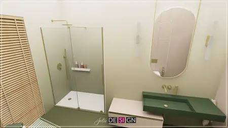 Nowoczesna łazienka z prysznicem, zielonym blatem i złotymi detalami w stylu boho i eklektycznym.