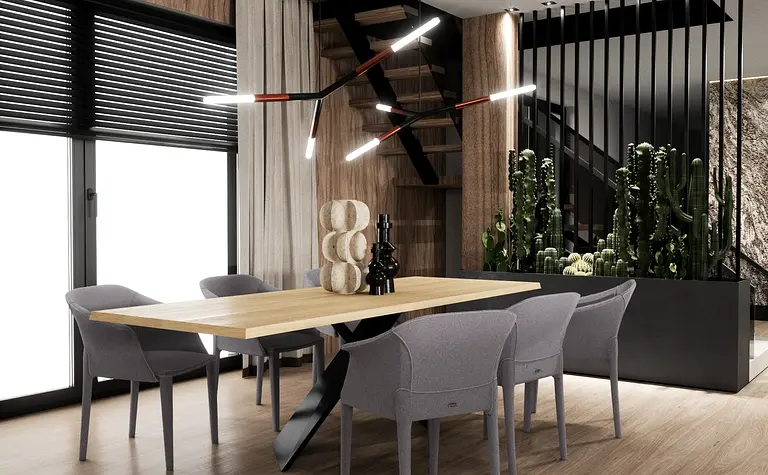 Wnętrze jadalni z drewnianym stołem, szarymi krzesłami i roślinami, styl industrialny, minimalistyczny.