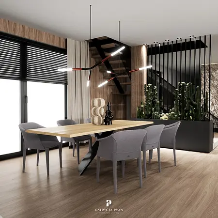 Wnętrze jadalni z drewnianym stołem, szarymi krzesłami i roślinami, styl industrialny, minimalistyczny.