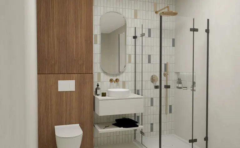 Nowoczesna łazienka w soft minimalizmie z vintage elementami.