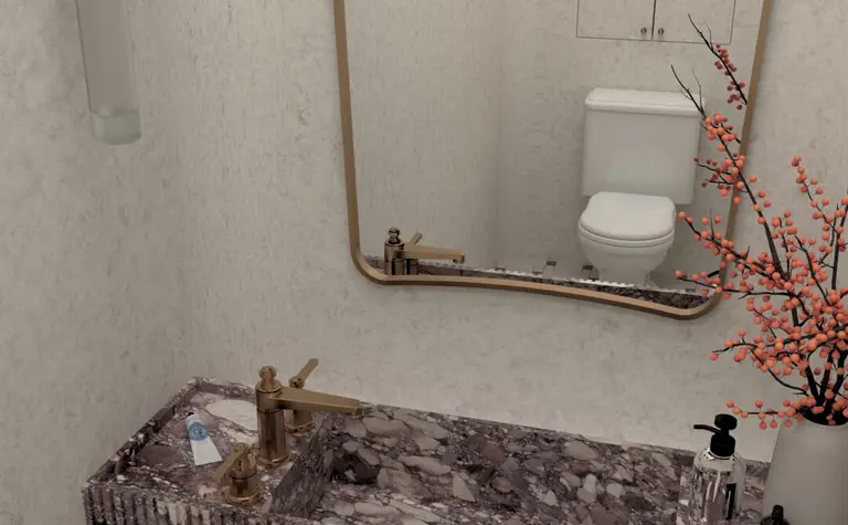 Wnętrze łazienki z marmurową umywalką w stylu art deco, minimaluxe i quiet luxury.