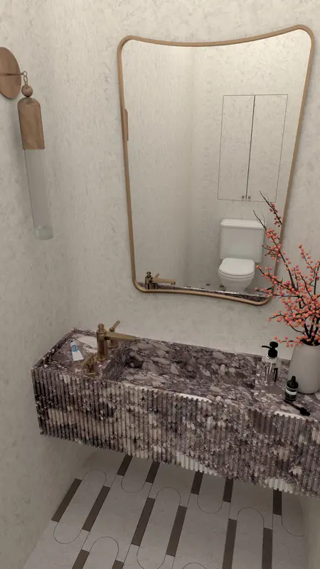 Wnętrze łazienki z marmurową umywalką w stylu art deco, minimaluxe i quiet luxury.