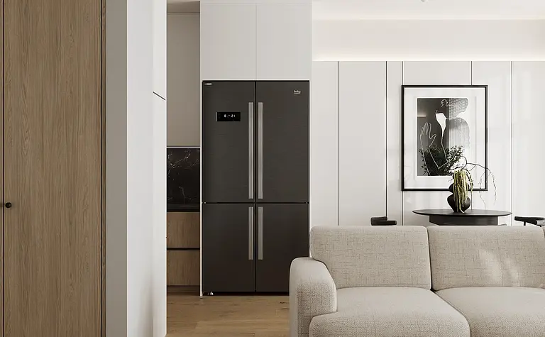 Wnętrze kuchni w stylach industrialnym, japandi, minimalistycznym, nowoczesnym.