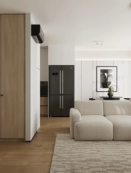 Wnętrze kuchni w stylach industrialnym, japandi, minimalistycznym, nowoczesnym.