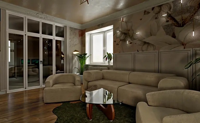 Wnętrze salonu w stylach art deco, minimalistycznym i vintage z beżową sofą.