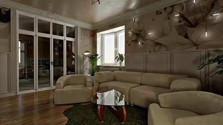 Wnętrze salonu w stylach art deco, minimalistycznym i vintage z beżową sofą.