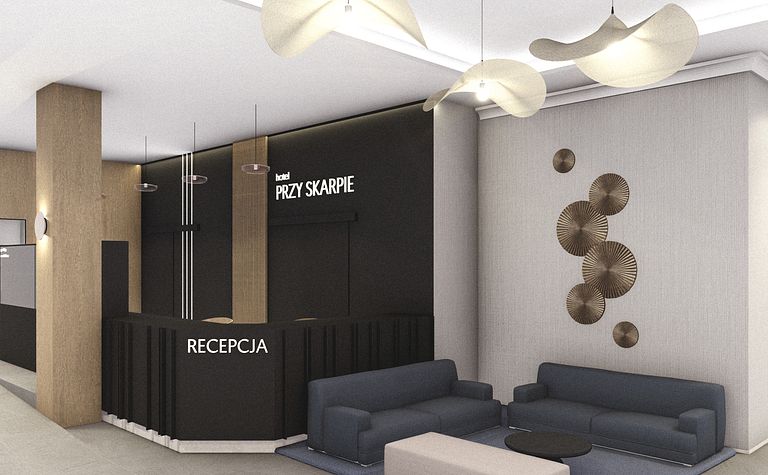 Recepcja hotelowa w stylu industrialnym i minimalistycznym z ciemnymi meblami.