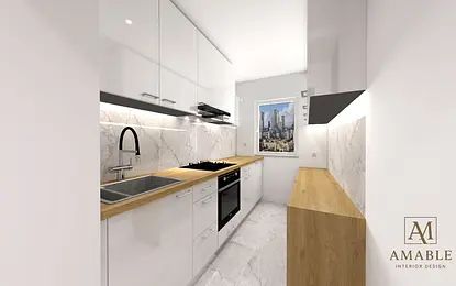 Kuchnia w stylu japandi, minimalistyczna, nowoczesna, skandynawska z białymi meblami.