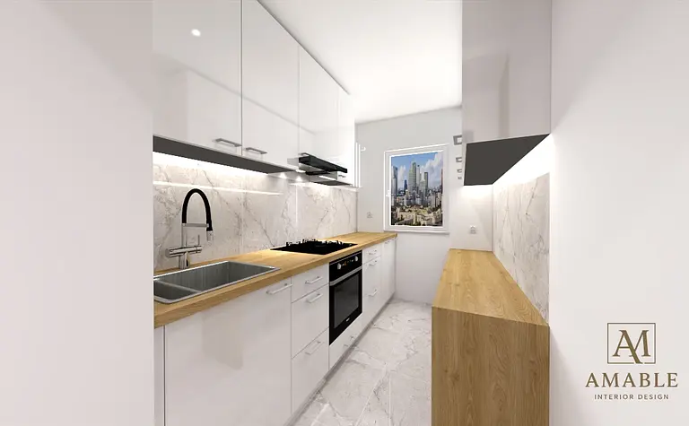 Kuchnia w stylu japandi, minimalistyczna, nowoczesna, skandynawska z białymi meblami.