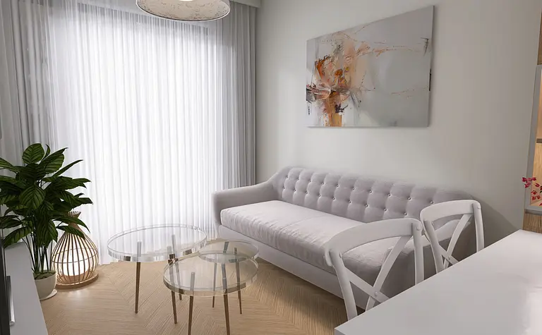 Wnętrze salonu z minimalistycznym designem, szarym wyposażeniem i nowoczesnym oświetleniem.