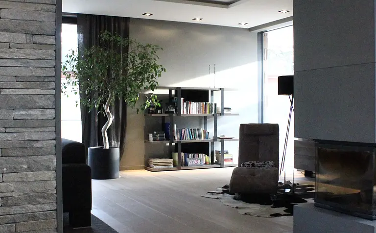 Wnętrze salonu z minimalistycznym designem, nowoczesnym kominkiem i roślinnością.