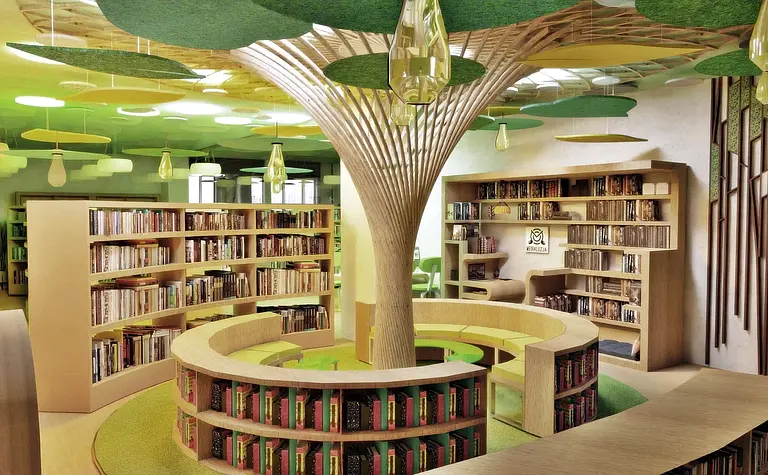 Współczesna biblioteka z drewnianymi regałami i zielonymi detalami