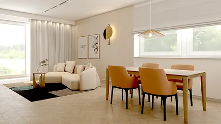 Wnętrze salonu w stylu japandi i minimalistycznym z beżowymi meblami i dużymi oknami.