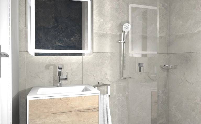 Nowoczesna łazienka z szarymi ścianami, minimalistyczną umywalką i lustrem w stylu dopamine decor.
