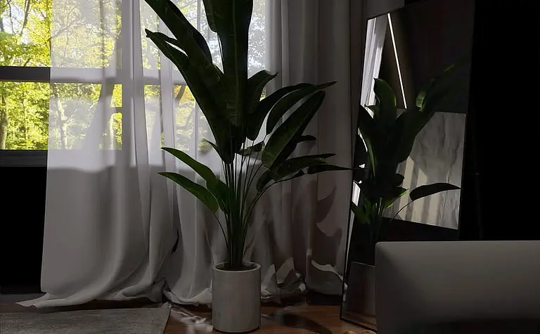 Wnętrze nowoczesnego pokoju z dużą rośliną w doniczce i lustrem.