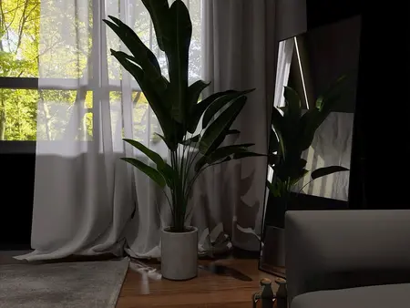 Wnętrze nowoczesnego pokoju z dużą rośliną w doniczce i lustrem.