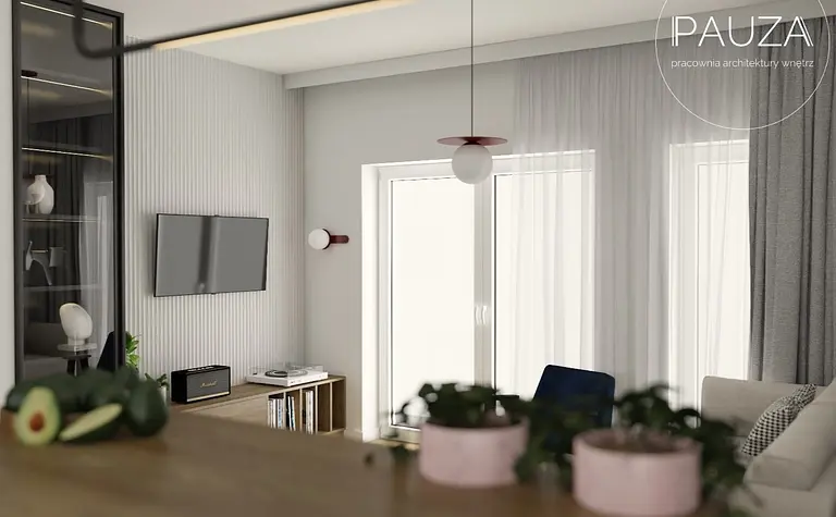 Wnętrze salonu z nowoczesnym telewizorem i roślinami w doniczkach, styl vintage i współczesny.