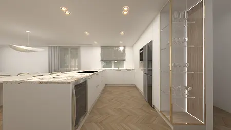 Kuchnia w stylu japandi i minimalistycznym z białymi meblami i drewnianym wykończeniem.