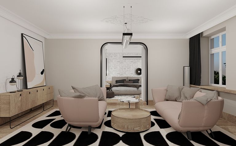 Wnętrze salonu w stylu art deco i soft minimalizm z różowymi sofami i drewnianymi elementami.