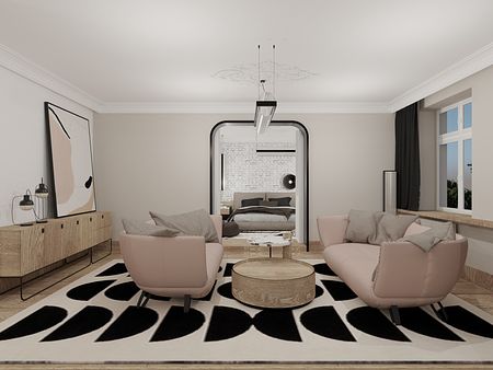 Wnętrze salonu w stylu art deco i soft minimalizm z różowymi sofami i drewnianymi elementami.