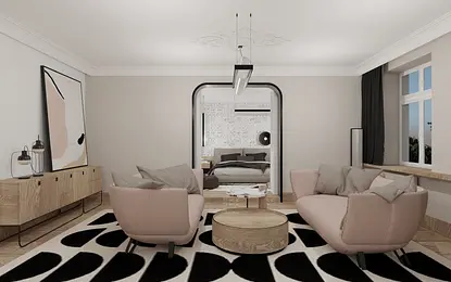 Wnętrze salonu w stylu art deco i soft minimalizm z różowymi sofami i drewnianymi elementami.