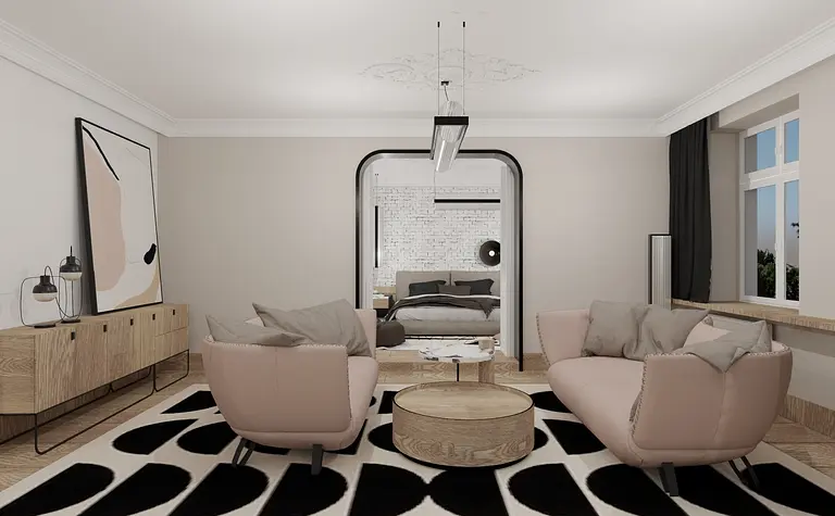 Wnętrze salonu w stylu art deco i soft minimalizm z różowymi sofami i drewnianymi elementami.
