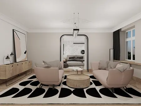 Wnętrze salonu w stylu art deco i soft minimalizm z różowymi sofami i drewnianymi elementami.