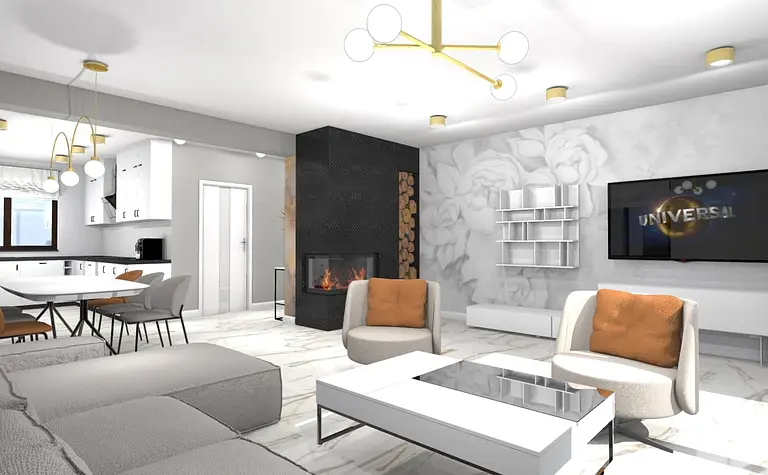 Nowoczesny salon z białymi meblami, czarnym kominkiem i elementami art deco