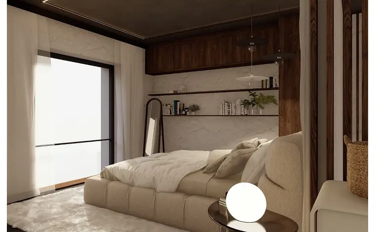 Wnętrze sypialni z elementami glamour i industrialnymi, nowoczesny projekt