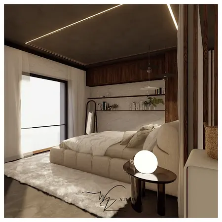 Wnętrze sypialni z elementami glamour i industrialnymi, nowoczesny projekt
