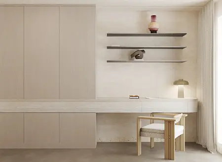 Wnętrze biura w stylu eklektycznym i minimalistycznym z jasnym biurkiem
