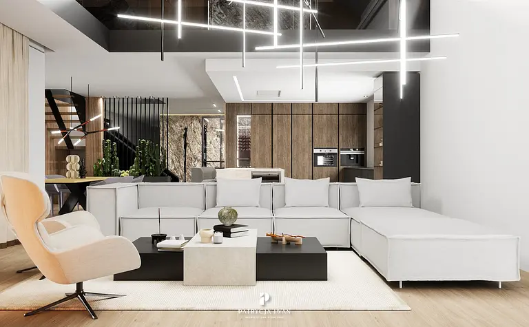 Wnętrze salonu w stylu industrialnym z minimalistycznym designem i nowoczesnymi akcentami.