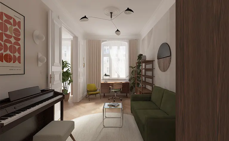 Gabinet w stylu eklektycznym z zieloną sofą i biurkiem.