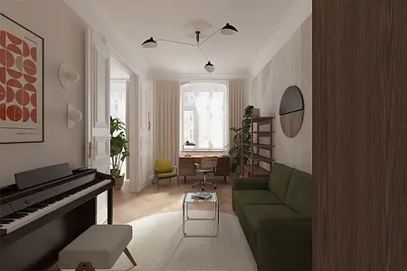 Gabinet w stylu eklektycznym z zieloną sofą i biurkiem.